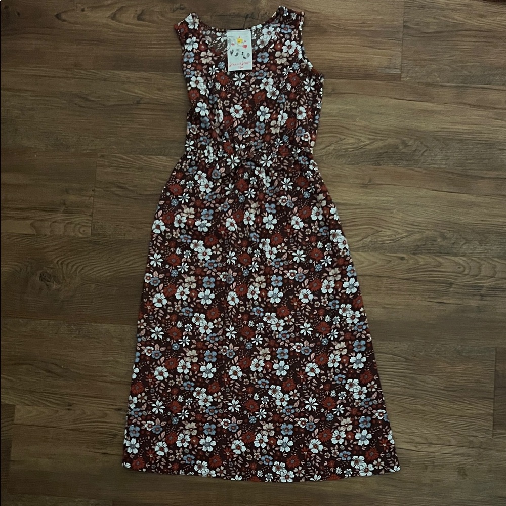 Floral Sleeveless Dress - Brown and White